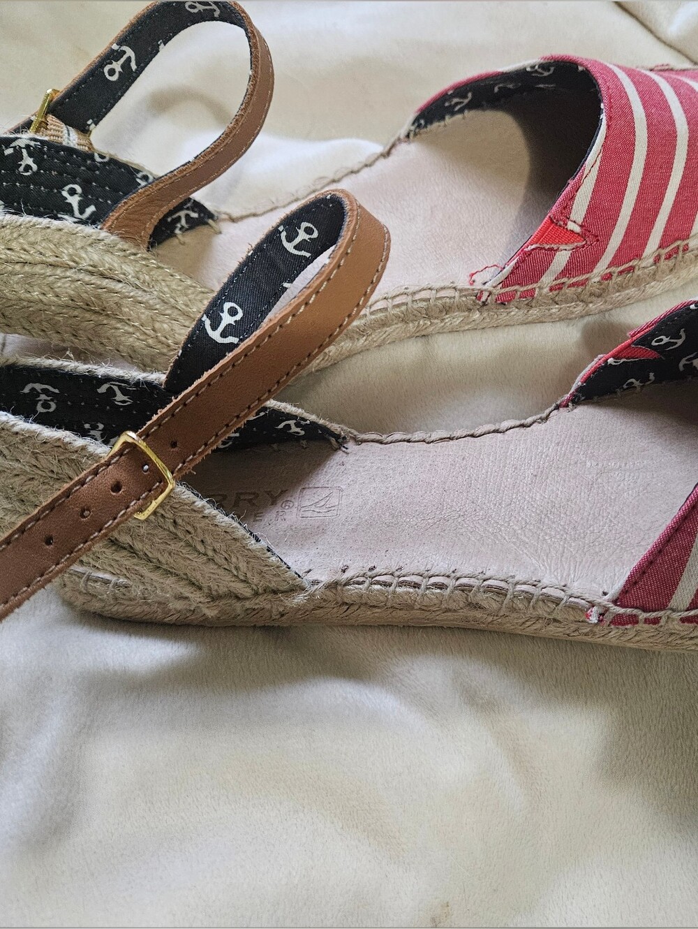 Women’s Red Striped Espadrille Wedge Sandals with Brown Ankle Strap